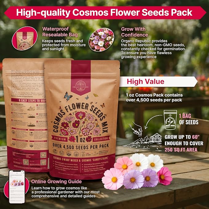 Cosmos Flower Seeds Pack 1 oz - 4,500 Non-GMO Heirloom Annual Seeds for Planting Indoor & Outdoor Gardening, Flower Seed for Garden in Resealable Packet, Floral Mix for Pollinators Perennial Mix