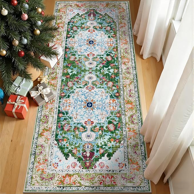 U'Artlines 3'x8' Boho Hallway Runner Rug Non Slip Washable Runners,Green | Vintage Farmhouse Kitchen Rug Accent Area Carpet for Entryway Laundry and Living Room