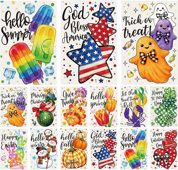 Mindsoft Seasonal Garden Flags Set of 12, 12 x 18 Inch Double Sided Linen Garden Flags for Outside, All Seasons Holiday Decoration Spring Summer Fall Winter Valentine Halloween Thanksgiving Christmas