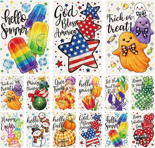 Mindsoft Seasonal Garden Flags Set of 12, 12 x 18 Inch Double Sided Linen Garden Flags for Outside, All Seasons Holiday Decoration Spring Summer Fall Winter Valentine Halloween Thanksgiving Christmas