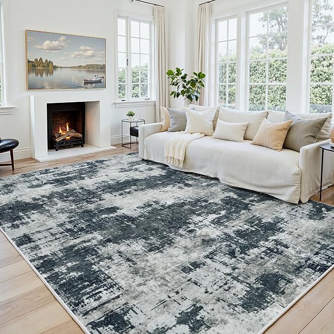 10x14 Area Rugs for Living Room: Washable Soft Black Abstract Carpet | Non-Slip TPE & Stain Resistant,0.25" Low-Pile,Kids Pet Friendly Modern Decor for Dining Room Farmhouse Office, Non-Shedding