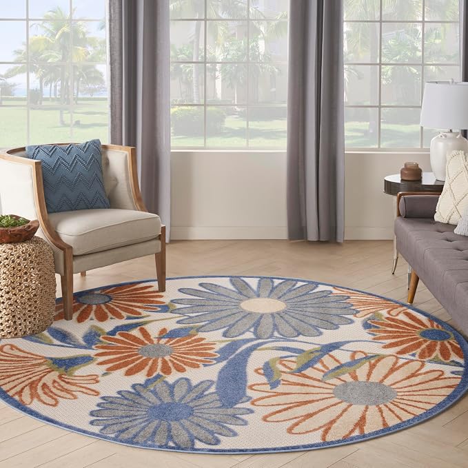 Nourison Home Aloha Beige Multicolor 7'10" x Round Area Rug - Easy Clean, Non Shedding, Bed Room, Living Room, Dining Room, Kitchen (8' x Round)