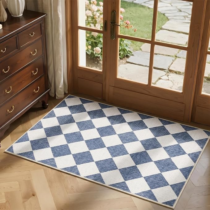 GarveeHome Checkered Entryway Rug 2x3 Navy Blue Washable Front Door Rug | Diamond Indoor Entrance Plaid Carpet Non-Slip Low Pile Throw Rugs for Kitchen Floor, Powder Room, Entry, Bathroom, Kids Room