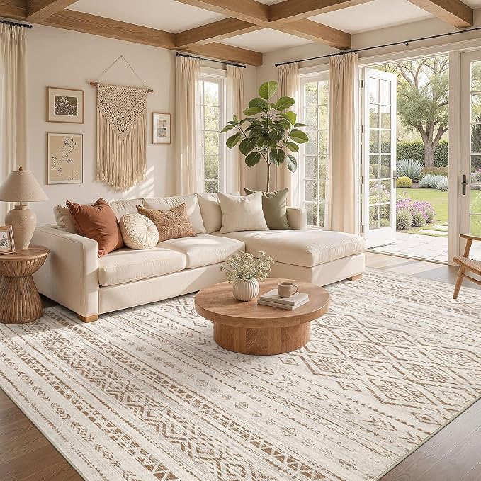 Nakagishi Area Rug Living Room Rugs: 6x9 Large Soft Machine Washable Boho Moroccan FarmNeutral Stain Resistant Indoor Floor Carpet for Bedroom Under Dining Table Home Office Decor-Brown