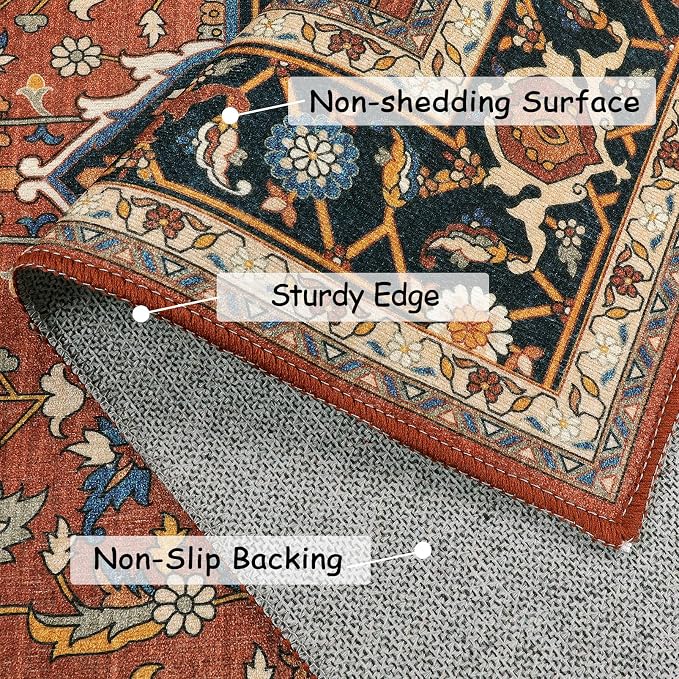 Moynesa Ultra-Thin Washable Runner Rug - 2x6 Non-Slip Hallway Runner Rug Laundry Room Mat, Vintage Stain Resistance Low Pile Bedroom Carpet Runner for Kitchen Entryway Indoor Bathroom Floor, Brown