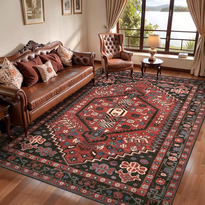 Ciicool Washable 4x6 Area Rug,Boho Non-Slip Indoor Mat for Entryway Kitchen | Oriental Low-Pile Soft Vintage Boho Indoor Entry Red/black Carpet for Bedroom Bedside Living Room Laundry Dining Room