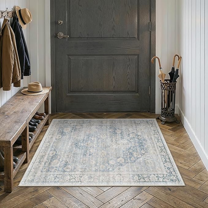 2x3 Blue Farmhouse Area Rug | Washable, Non Slip, Soft Low Pile, Neutral Vintage, for Entryway Kitchen Bathroom Living Room Bedroom Indoor Home Decor