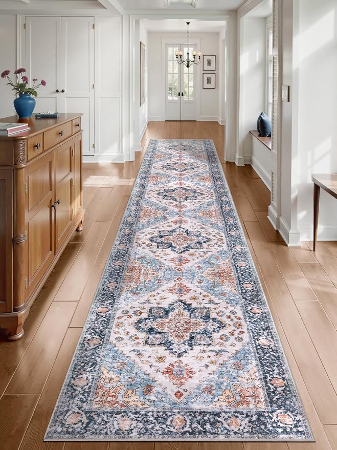 SERISSA 2'6"x14' Washable Non Slip Boho Runner Rug for Hallway，Blue Orange | Ultra Soft Vintage Oriental Carpet Low-Pile Tribal Floor Carpet for Kitchen Bedroom Entryway Bathroom Laundry Room