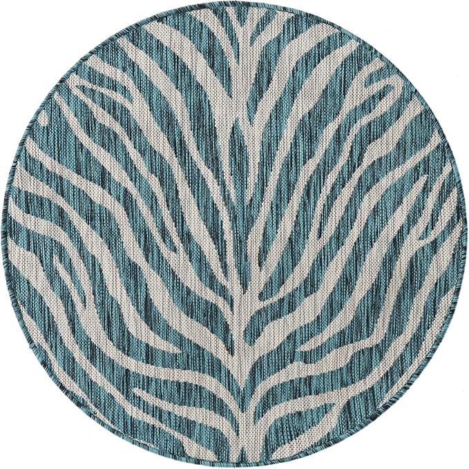 Unique Loom Outdoor Safari Collection Area Rug - Tsavo (3' 1" Round, Teal/ Ivory)