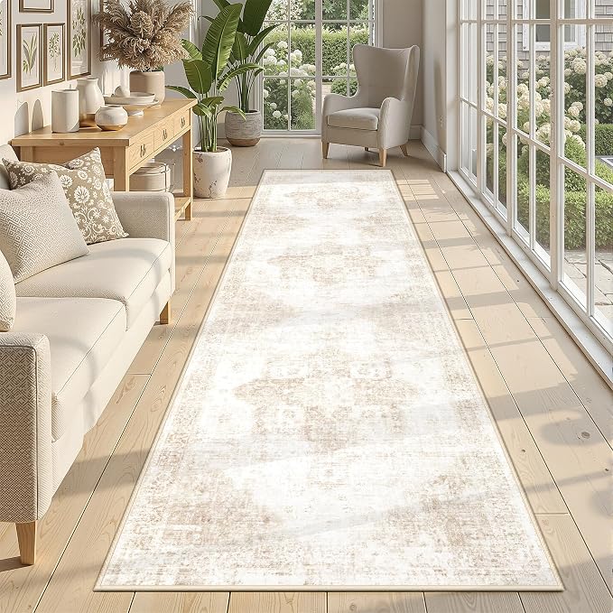 Runner Rug 2x8 Washable Rug, Vintage Boho Medallion Hallway Runner Non-Slip Soft Low Pile Distressed Floor Carpet Retro Doormat for Kitchen Bedroom Laundry Entryway Bathroom (Beige, 2'x8')