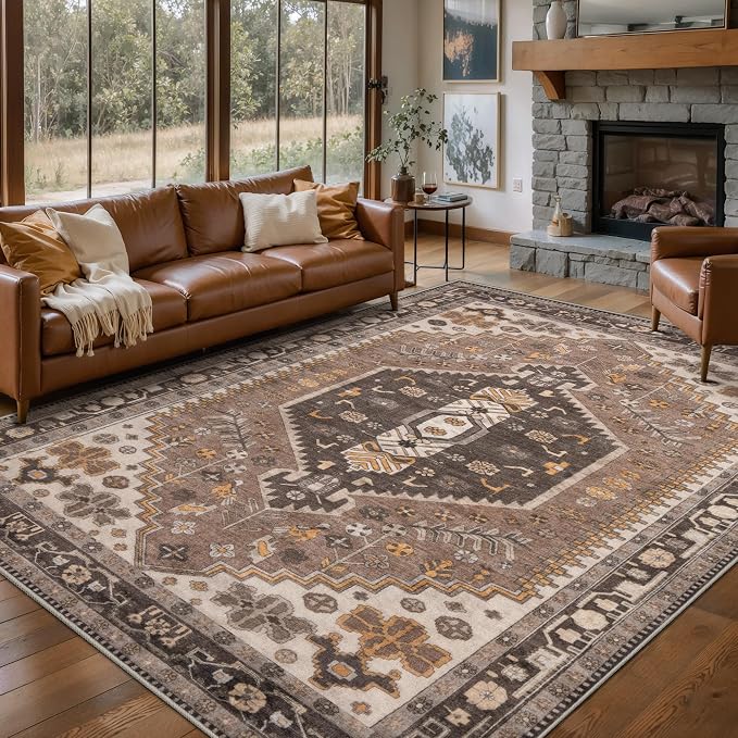 Ciicool 5x7 Area Rugs,Washable Large Boho Carpet for Living Room Bedroom | Oriental Low-Pile Hazel Vintage Non-Slip Indoor Throw Carpet for Kitchen Bedside Bathroom Dining Room Foyer Decor