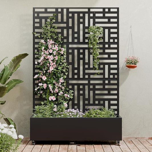Casaphoria Metal Raised Garden Bed with Trellis and Wheels, 72"x47"x16" Planter Box for Climbing Plants, Vegetables & Vines, Features Drainage Holes and Privacy Screen (Black-Helen)