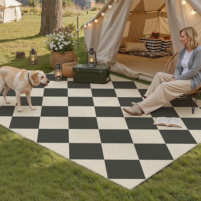PureCozy 4x6 Checkered Chevron Pattern Area Rug for Living Room Checkerboard Washable Indoor Outdoor Carpet Farmhouse Patio Office Mat Geometric Non Slip Black Carpet for Dorm Backyard Dining Room