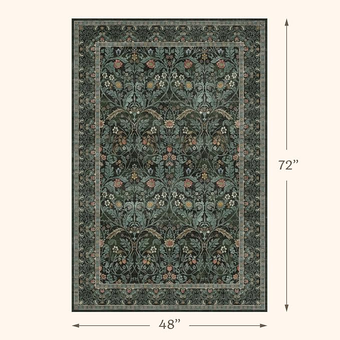 Floral 4x6 Boho Rugs for Living Room, Dark Green Washable Kitchen Floor Mats, Large Indoor Entryway Rug, Home Office Décor, Low Pile Funky Bedroom Carpet