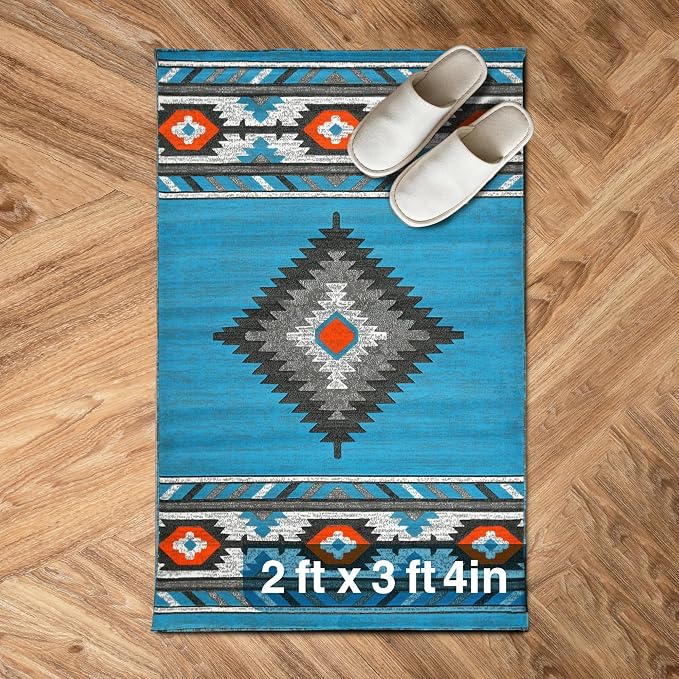 YHSF Southwestern Area Rug - Anti Static & Washable - Blue | Soft Native American Tribal Floor Rugs for Living Room, Bedroom, Hallways, and More - Easy-to-Clean Home Decors