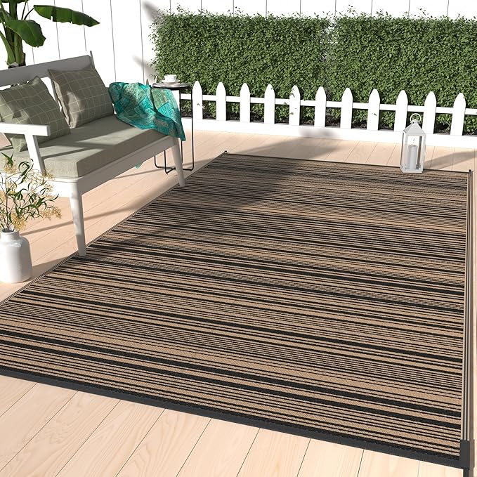 GENIMO Outdoor Rug for Patio Clearance, 5'x8' Reversible Plastic Straw Rugs, Lightweight Waterproof RV Camping Mat for Camper, Balcony, Deck, Backyard, Picnic, BlackBrown