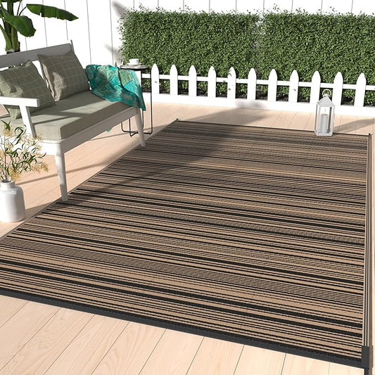 GENIMO Outdoor Rug for Patio Clearance, 8'x10' Reversible Plastic Straw Rugs, Lightweight Waterproof RV Camping Mat for Camper, Balcony, Deck, Backyard, Picnic, BlackBrown