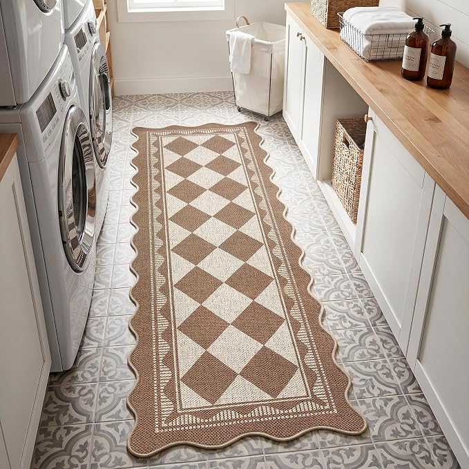 Garvee Easy Jute 2x6 Scalloped Kitchen Rugs Non Slip Washable Rugs，Brown | Indoor Outdoor Washable Rugs for Living Room Low Pile Floor Cover for Entryway Stain Resistant Indoor Carpet for Hallway