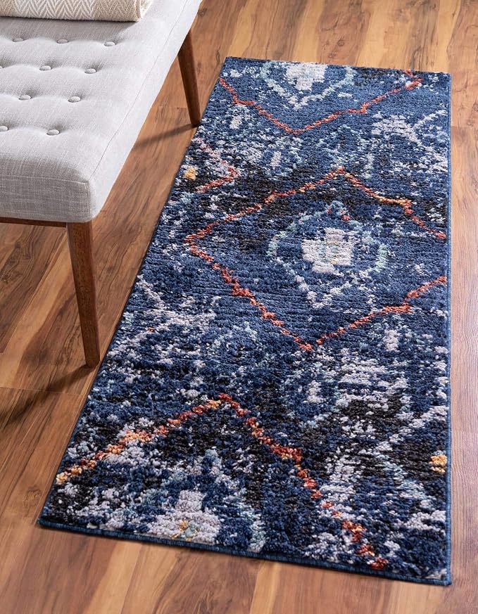 Unique Loom Morocco Collection Tribal, Southwestern, Bohemian Area Rug (2' 7 x 10' 0 Runner, Navy Blue/Gray)