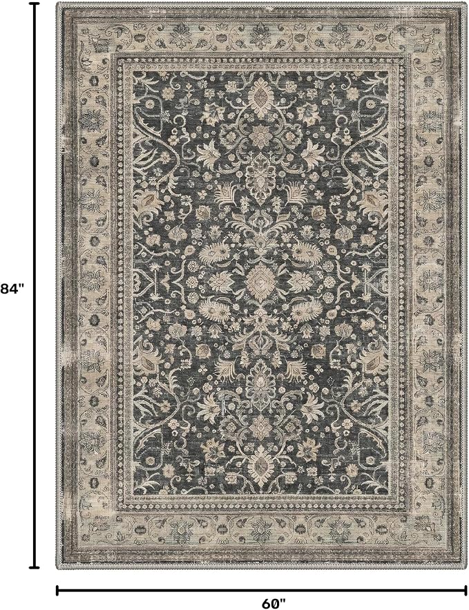 5X7 Area Rug for Living Room, Washable Boho Oriental Floral Non Slip | Easy Care Faux Wool Rug for Bedroom Dining Room, Dusty Charcoal Vintage Floral Rug,Non-Shedding,Vacuum Friendly,Thin