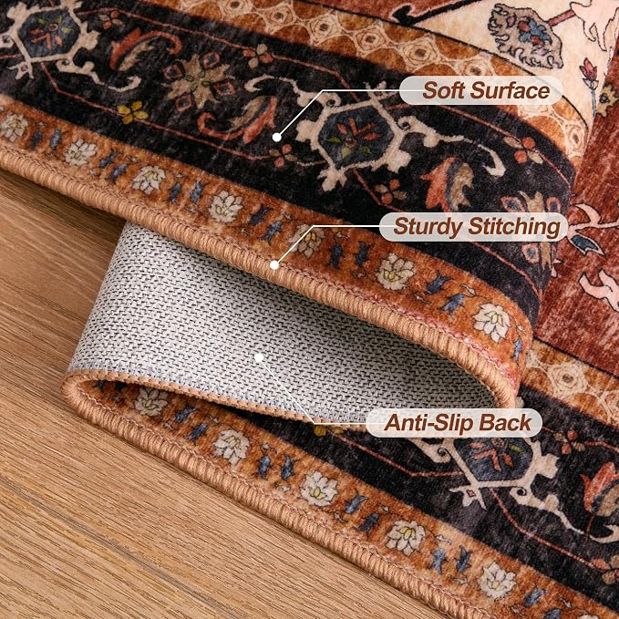 Tangsoo Oriental 3x5 Washable Area Rugs, Vintage Non Slip Accent Rug | Boho Indoor Print Carpet, Soft Low Pile Rug for Living Room Dining Bedroom Bedside Entryway Orange/Black Home Decor
