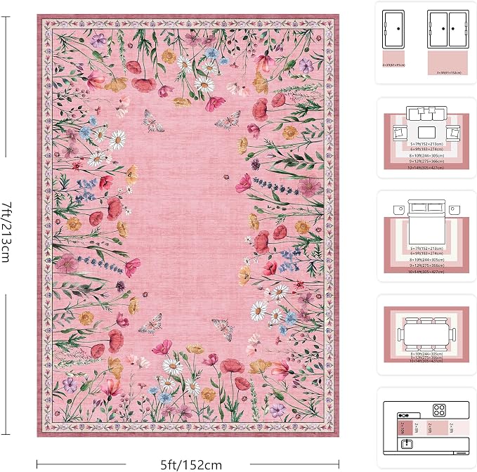 5x7 Area Rugs, Rugs for Bedroom, Indoor Non-Slip Washable Rug for Living Room, Dining Room, Low Pile Home Decor Floral Rug(Pink)