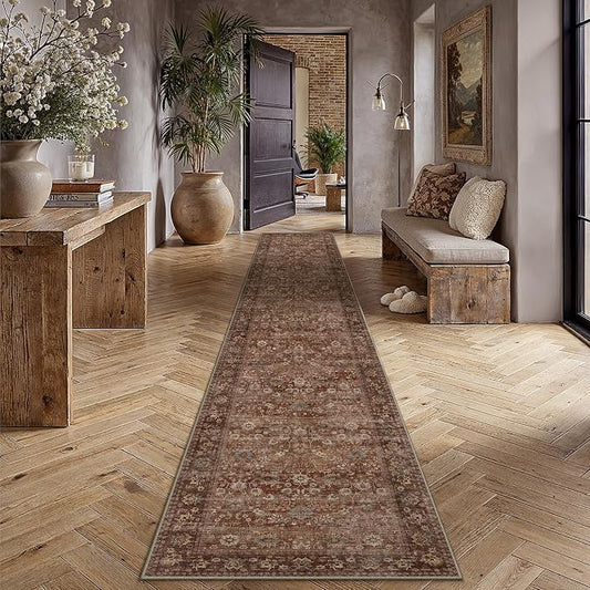HUGEAR 2'6''x12 Runner Rug Machine Washable Brick Red Hallway Area Rug Indoor Accent Rugs Floral Low Pile Carpet Soft Throw Rugs Bedroom Living Room Office Dining Kitchen Laundry Non Slip