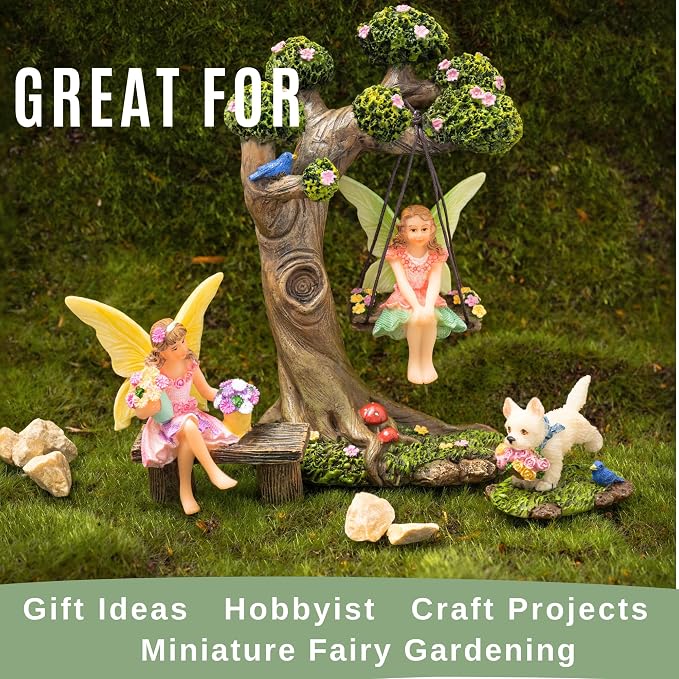 PRETMANNS Fairies for Fairy Garden Outdoor - Miniature Fairy Figurines Set with Tree Swing & Puppy - Indoor Outdoor Fairy Garden Accessories Kit - Starter Supplies for Fairy Village