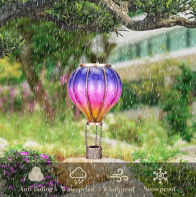 TERESA'S COLLECTIONS 2 Pack Hanging Solar Lantern Outdoor Garden Decor for Valentine,Waterproof Plastic Hot Air Balloon Purple Flickering Flame Effect Lantern for Yard Tree Gift for Mom,18"