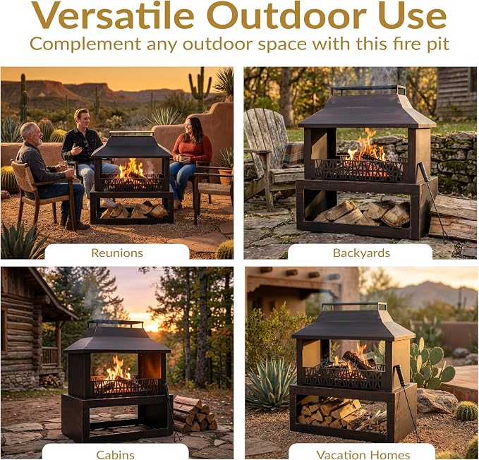 Sunnydaze Backyard Blaze 35-Inch H Heavy-Duty Steel Outdoor Fire Pit with Built-in Log Storage - Includes Protective Cover - Brushed Bronze