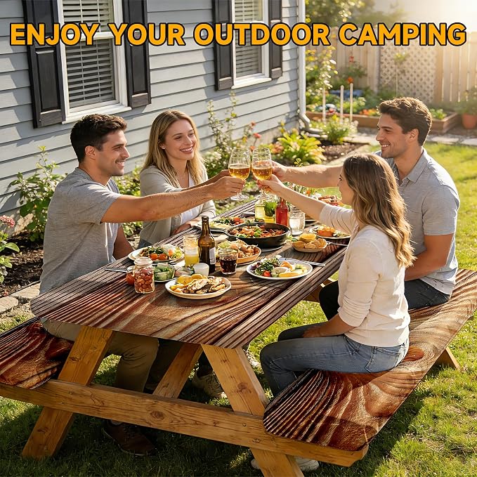 NYZE 3 Pieces Picnic Table Cover with Bench Covers Set, Camping Tablecloth, Tablecloth Cover with Drawstring Bag, Camping Essentials for Outdoor Picnics, Patio, BBQ (Wood Grain)