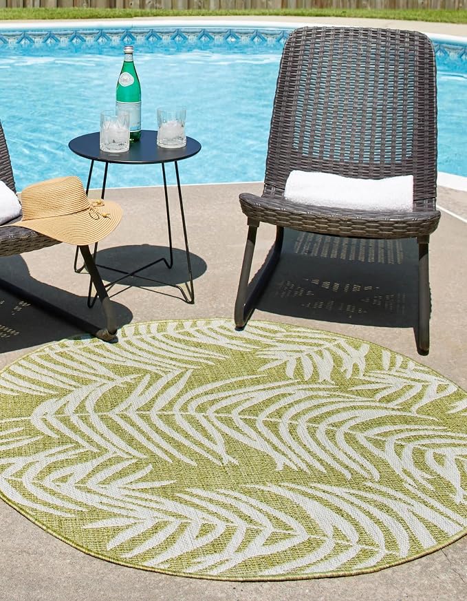 Unique Loom Outdoor Botanical Collection Area Rug - Palm (4' 1" Round, Green/ Ivory)