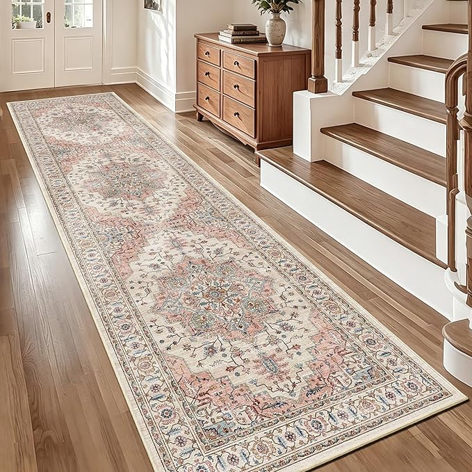 3x12 Vintage Runner Rug Low Pile Non-Slip Washable Hallway Rug | Retro Distressed Print Rug Non-Shedding Beige Pink Carpet Stain Resistant Long Rug for Hallway Kitchen Bedroom Laundry Room