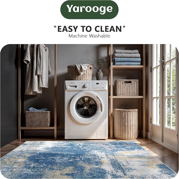 5x7 Rugs for Living Room - Modern Abstract Washable Rug, Ultra Soft Non Slip Low Pile Large Rugs, Floor Carpet for Bedroom Dining Room Office Laundry Nursery Home(Blue & Beige)