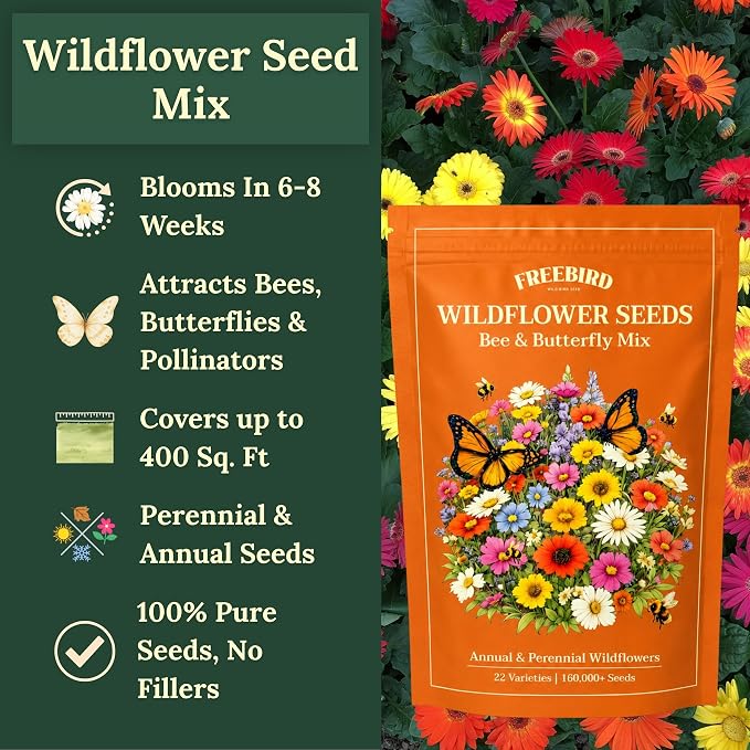 Wildflower Seeds for Bees & Butterflies – 22 Variety Pollinator Mix – 160,000+ Seeds – Annual & Perennial Wildflower Blend – 4 oz