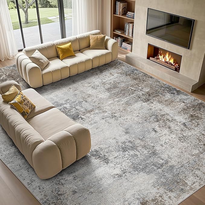 Tortania Washable 10x14 Area Rug for Living Room: Modern Abstract Neutral Large Soft Thin Rugs - Non Slip Indoor Carpet for Bedroom Dining Room Office Nursery Home Floor Decoration - Ash Taupe