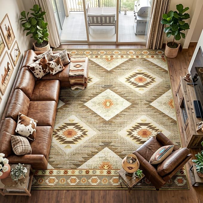 Area Rug 6x9 Rug Machine Washable Non-Slip Low Pile Print Pattern Western Rug for Living Room Bedroom Entryway Tribal Series -Cream/Camel | Soft Western No Slip Low Pile Print Foldable Indoor for Kitchen Dining Room