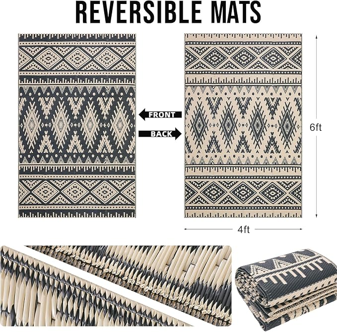 OLANLY Outdoor Rug Waterproof 4x6 ft, Reversible Outdoor Plastic Straw Rug, Boho Patio Rug, Indoor Outdoor Carpet, RV Mat Outside for Patio, Camp, Picnic, Balcony, Deck, Backyard, Black & Beige