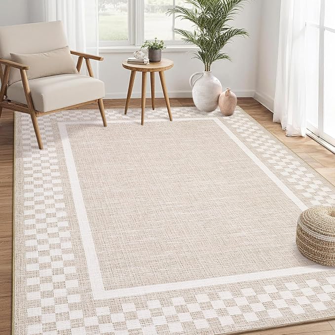 GarveeHome Modern Bordered 8x10 Washable Area Rugs for Living Room Bedroom | Soft Washable Large Bedroom Throw Carpet Non Slip Checkered Geometric Rugs for Dining Room Home Decor Office, Beige