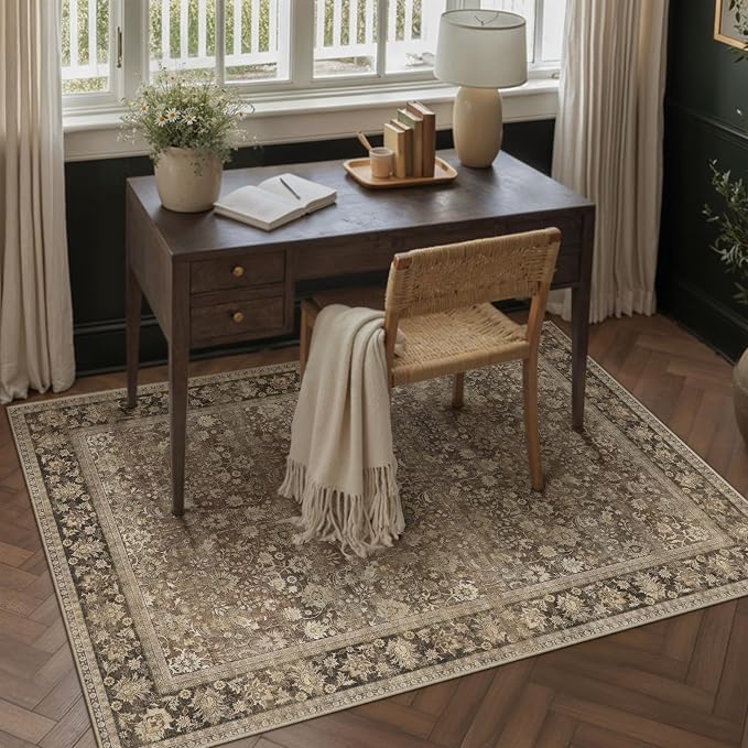 HUGEAR 5x8 Machine Washable Rugs Brown Hallway Area Rug Indoor Accent Rug Floral Low Pile Carpet Soft Throw Aesthetic Rug Bedroom Living Room Office Dining Room Kitchen Laundry Room Non Slip