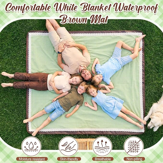 VitalCozy Waterproof Picnic Blankets 59 x 78in Outdoor Blanket Foldable 2 in 1 Double Layer Sandproof Beach Mat with Carry Strap for Camping Lawn Park Beach Grass (Green White)