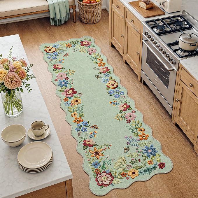 FMFUNCTEX 2x6 Hallway Runner Rug Washable Mint Green Scalloped Floral Boho | Vintage Non Slip Flower Colorful Traditional Low Pile Pattern Indoor Carpet Entryway Rugs Kitchen Bedroom Laundry Bedside