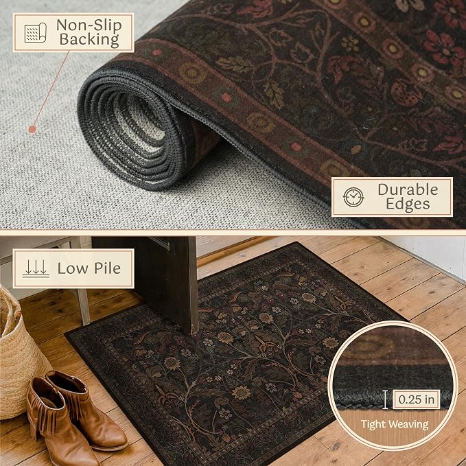 Washable Wide Hallway Runner Rug 2'6"x10' - Non Slip 10ft Long Floral Runner Rugs for Kitchen Entryway Indoor Farmhouse Botanical & Sunflower Accents (Brown and Black)