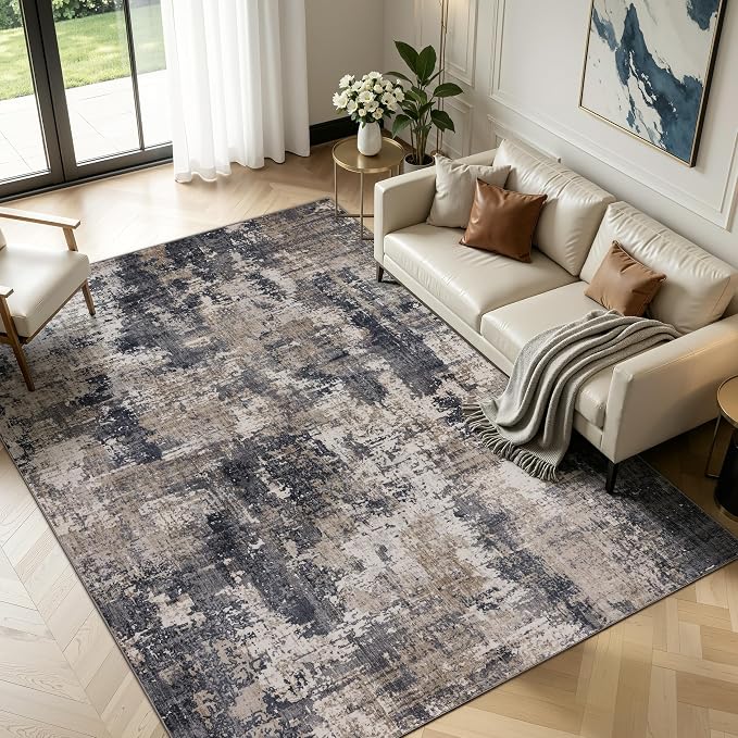 Sasttie 8x10 Washable Area Rug, Modern Abstract Large Rug, Black & Beige | Ultra-Soft Faux Wool, Machine Washable, Low Pile, Non-Slip, Lightweight, Thin, for Living Room, Bedroom, Dinning Room & Dorm