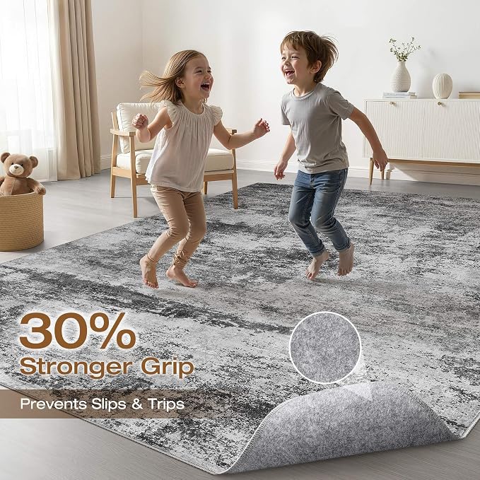 LOONGRUG 10x14 Area Rugs Washable Neutral Modern Living Room Rug Black Gray | Large Abstract Soft Stain Resistant Indoor Non-Slip Carpet for Bedroom Nursery Kids Office Playroom Dining Room