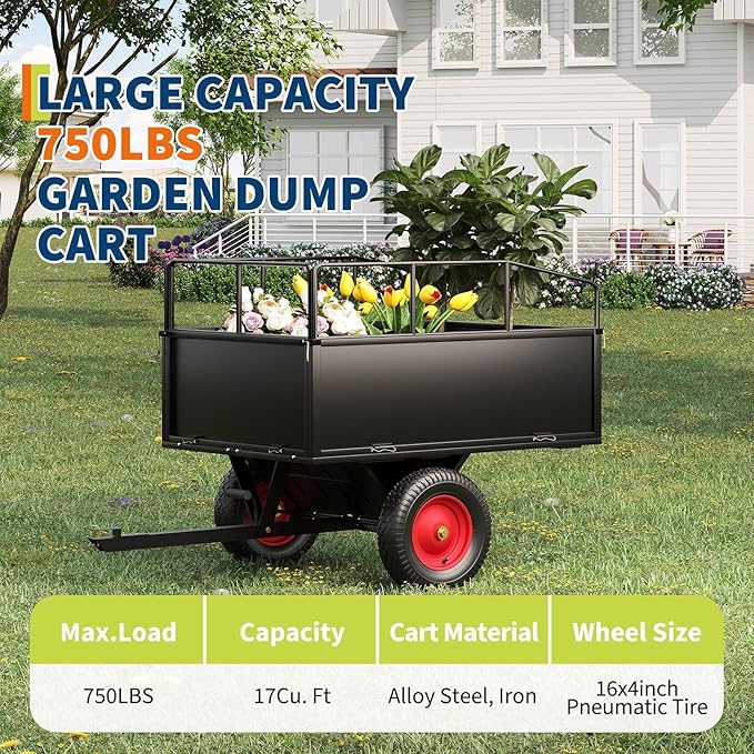 17 Cu.Ft 750Lbs Steel ATV UTV Trailer, Tow Behind Dump Cart, Heavy Duty Pull Behind Removable Sides, Pull Behind Utility Dump Trailer for, Garden, Lawn Mower Tractor