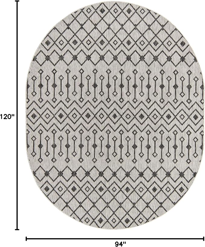 Unique Loom Outdoor Trellis Collection Area Rug - Tribal Trellis (7' 10" x 10' Oval, Gray/ Black)