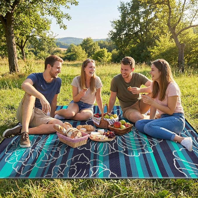 Garvee 5x8 Outdoor Waterproof Rug, Floral Outdoor Area Rug，Reversible Plastic Straw Patio Rug, Portable Camping Mat for RV, Picnic, Beach, Balcony, Garden & Camping Black&Blue