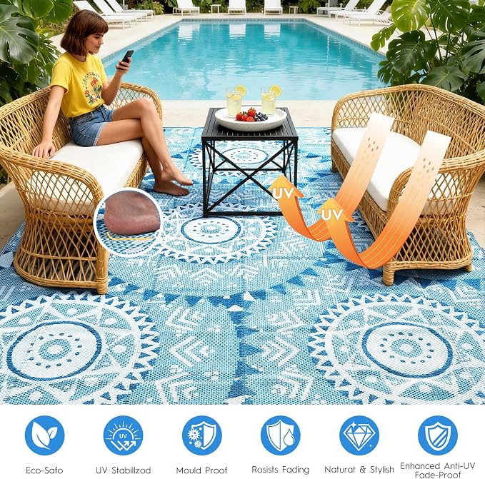 Alfolo Patio Rugs Outdoor 8x10 Waterproof Plastic Straw Reversible Outdoor Rugs for Deck,Backyard,RV Camping,Poolside, Stain & UV Resistant Fade Proof Portable Boho Blue & White Outdoor Mat