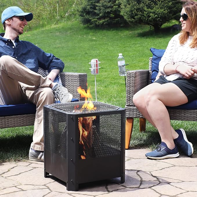 Sunnydaze Grelha 16-Inch Steel Outdoor Fire Pit with Grill - Square Wood-Burning Fire Pit for Outside - Black Finish
